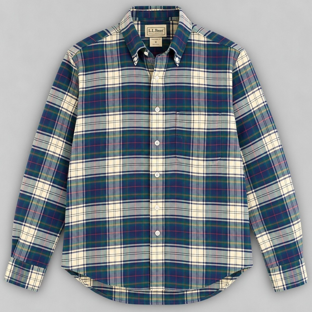 Vintage LL Bean Plaid Button Down Shirt Mens 15.5-33 Green Blue Made in USA